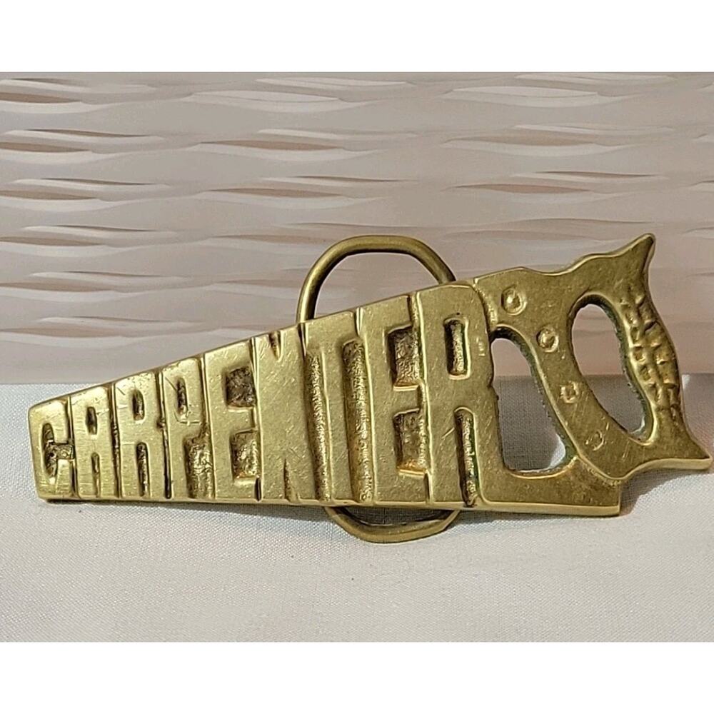 Vintage CARPENTER Belt Buckle Solid Brass Aminco 1980 Construction Hand Saw